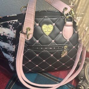 Betsey Johnson Black Quilted Satchel with Pink Trim and Floral Sides